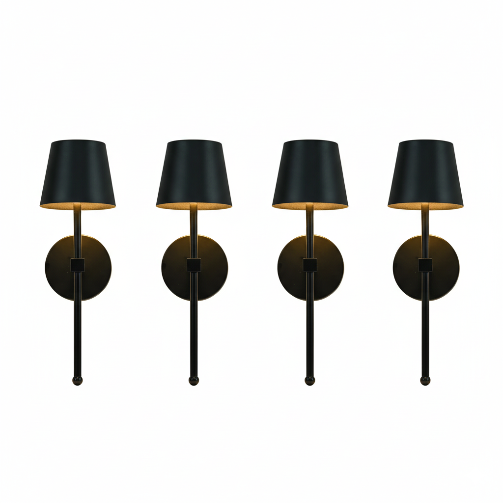 Set of two cordless wall sconces with metal body and fabric shade, mounted on a wall in a modern living room, ideal for renters