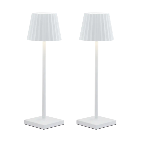 Cordless waterproof LED table lamp on a patio table for outdoor entertaining