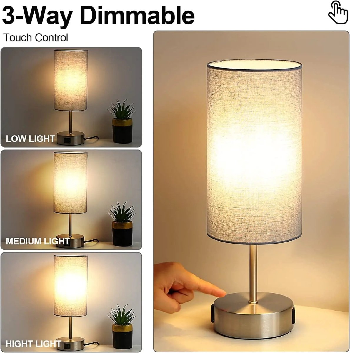 Touch table lamp with USB charging ports and AC outlet on a bedroom nightstand