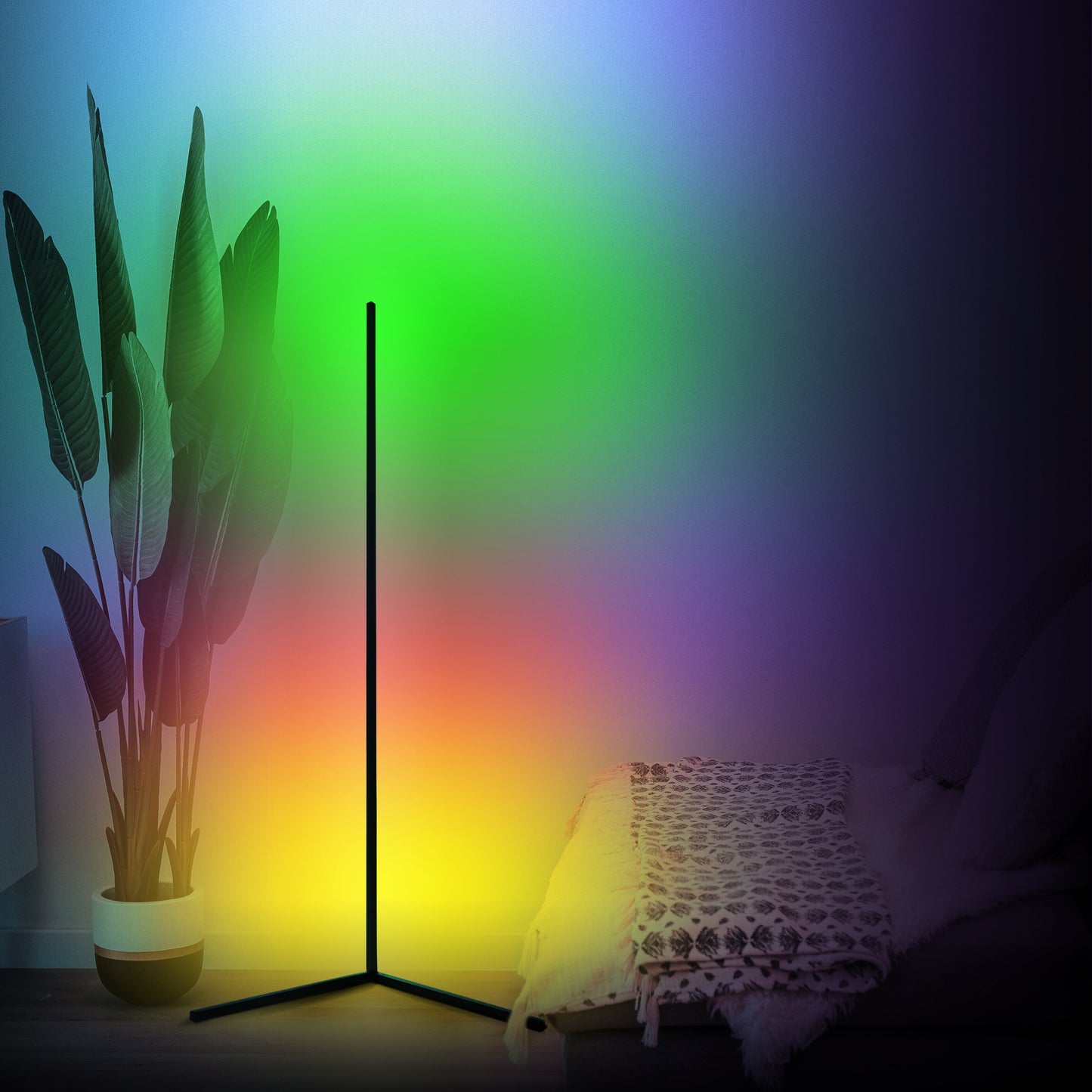 RGB corner floor lamp with colorful lighting modes for party ambiance in a living room