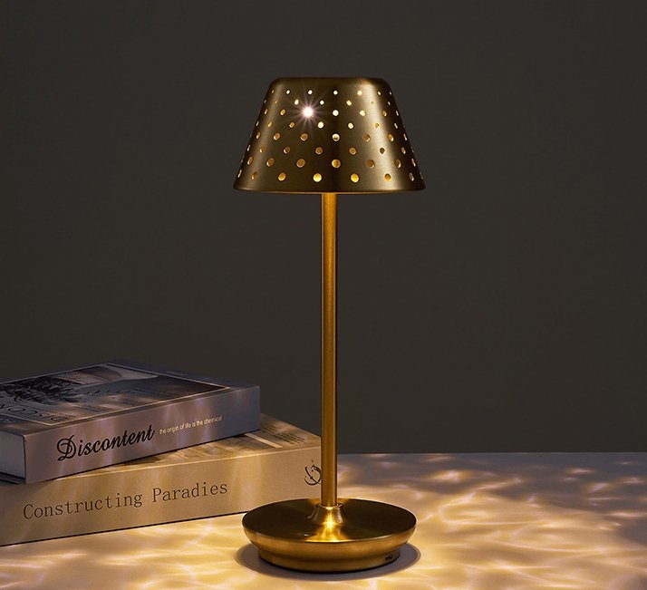 Cordless rechargeable LED table lamp with metal shade and touch base for apartment dwellers
