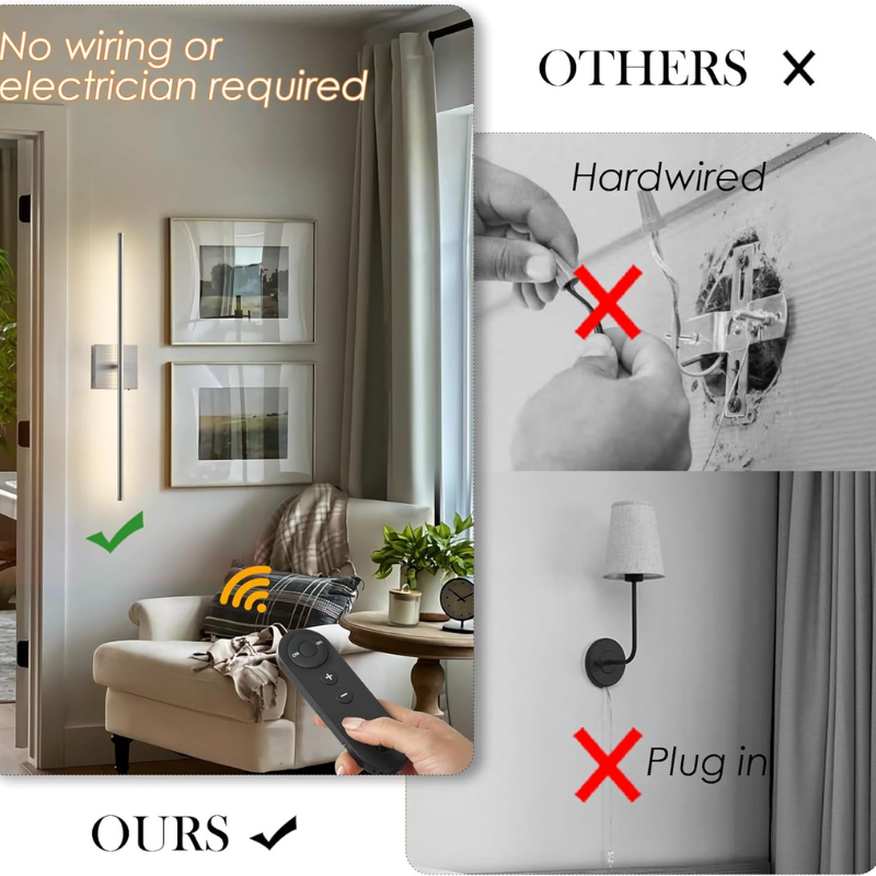 Set of two vintage-style rechargeable wall sconces with metal accents for renters
