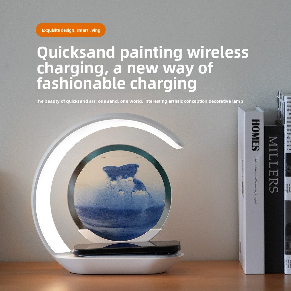 Wireless charging nightstand lamp with blue quicksand art for bedroom