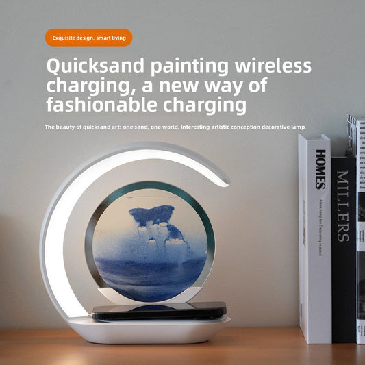 Wireless charging nightstand lamp with blue quicksand art for bedroom