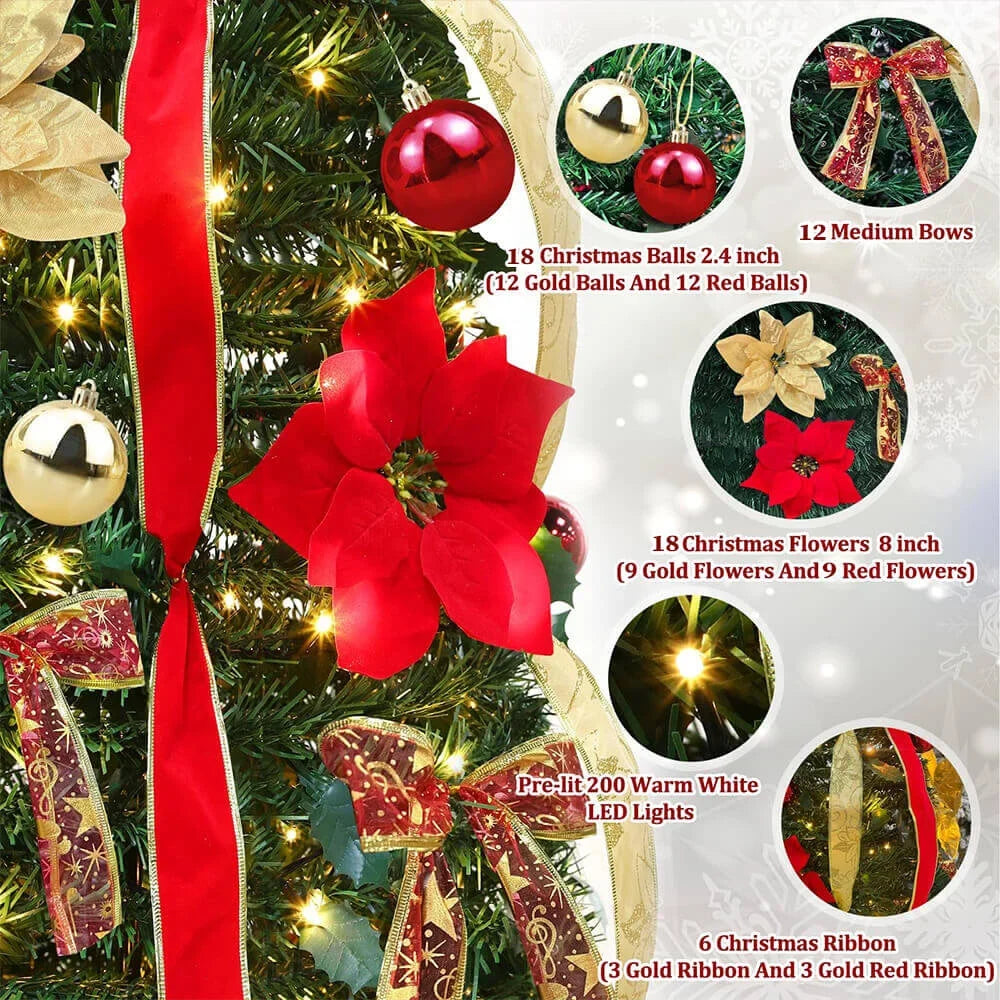 Fully decorated pop-up red Christmas tree with lights and ornaments for busy families