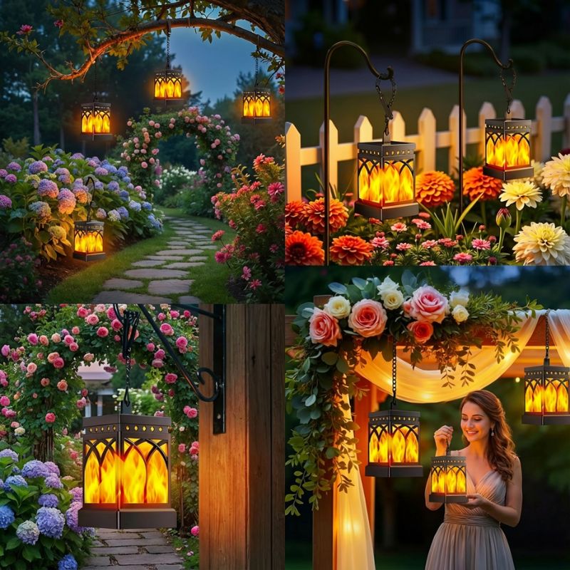 Solar lantern with flickering flame effect for outdoor ambience