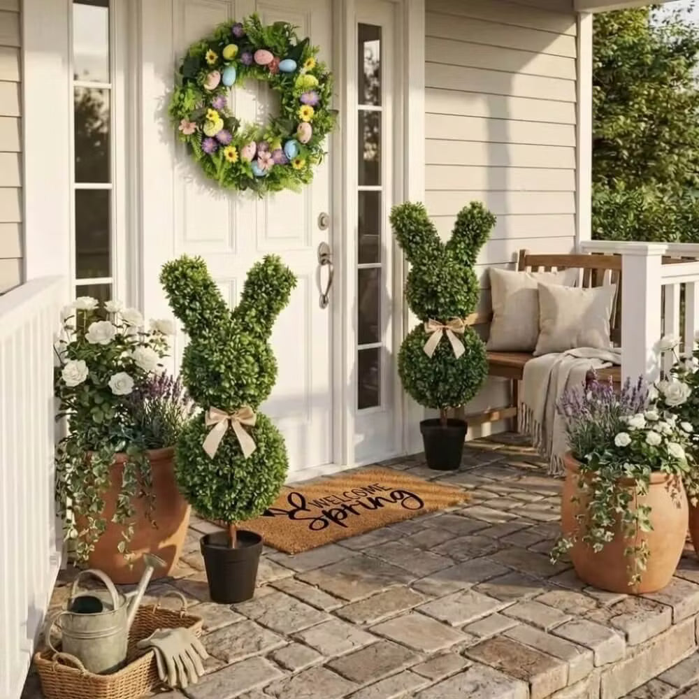 Set of two 36-inch artificial Easter bunny topiaries with green foliage and champagne bows on a porch