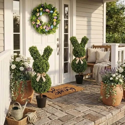 Set of two 36-inch artificial Easter bunny topiaries with green foliage and champagne bows on a porch