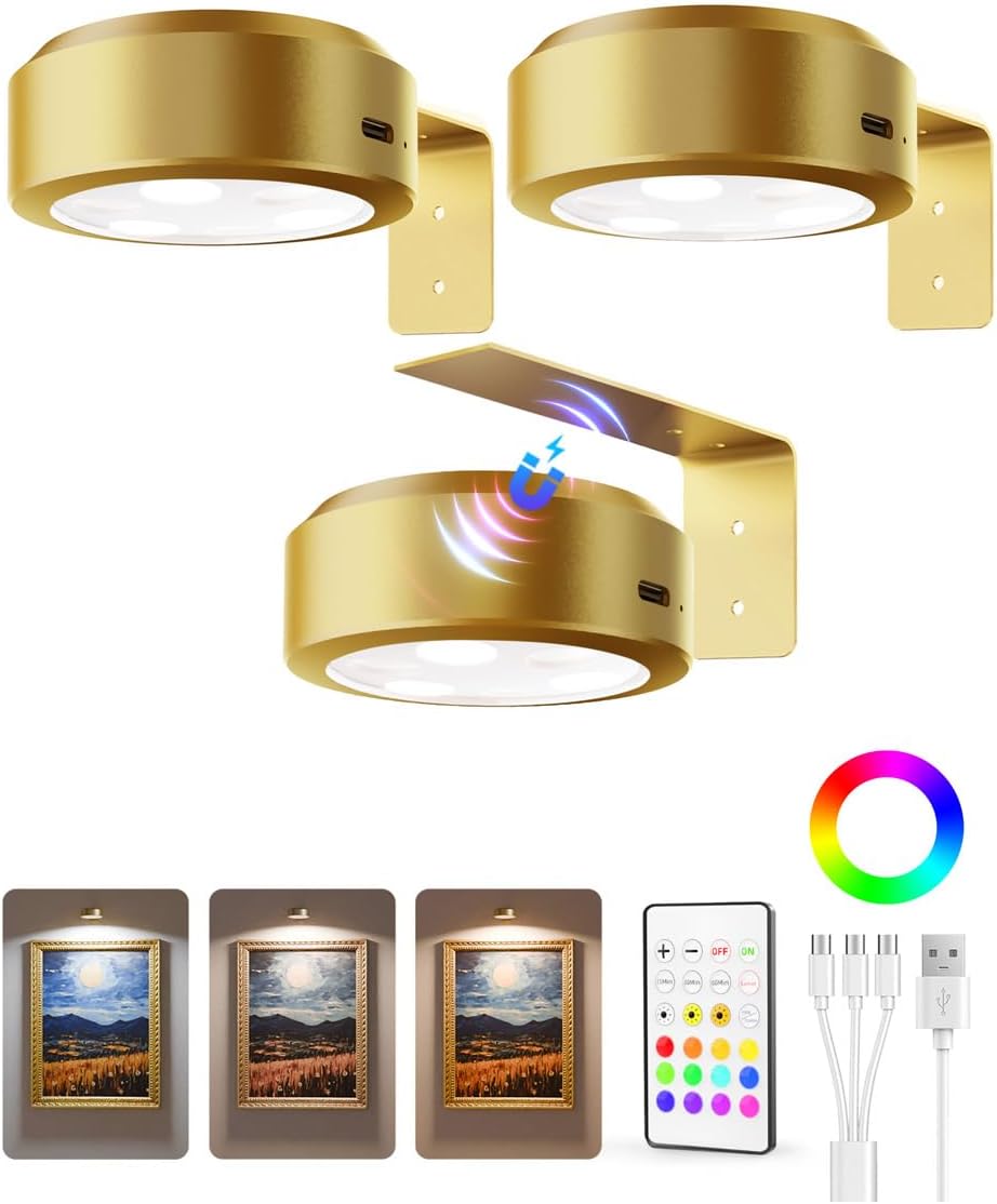 Wireless rechargeable picture light illuminating a framed photo on a wall