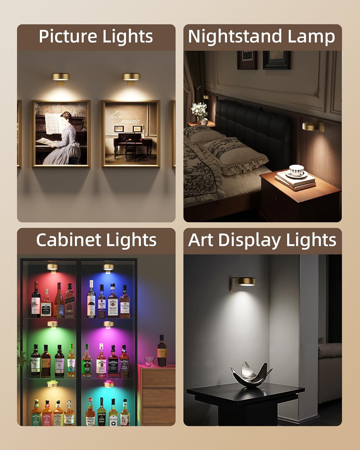 Wireless rechargeable picture light illuminating a framed photo on a wall