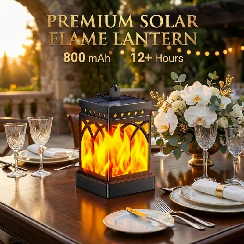 Solar lantern with flickering flame effect for outdoor ambience