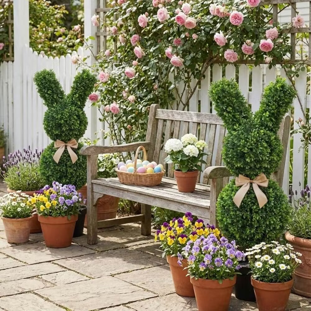 Set of two 36-inch artificial Easter bunny topiaries with green foliage and champagne bows on a porch