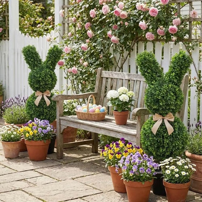 Set of two 36-inch artificial Easter bunny topiaries with green foliage and champagne bows on a porch