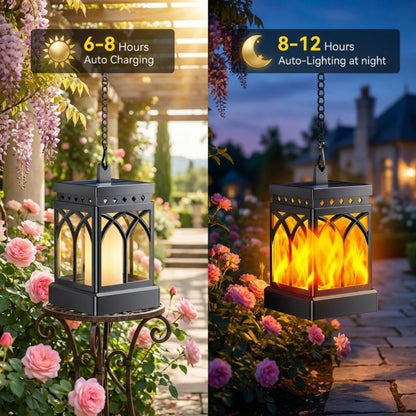 Solar lantern with flickering flame effect for outdoor ambience