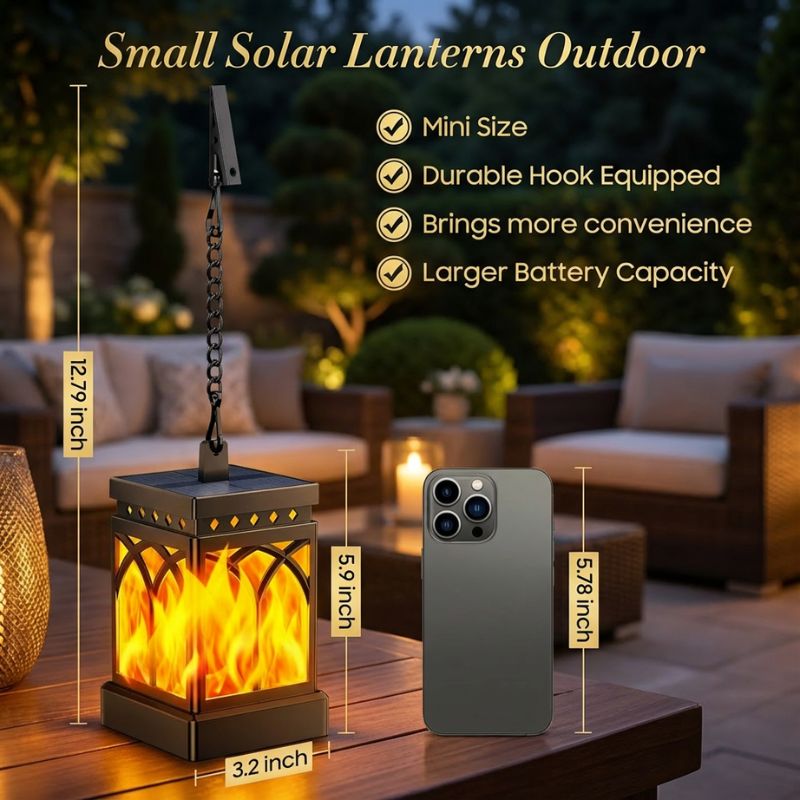Solar lantern with flickering flame effect for outdoor ambience