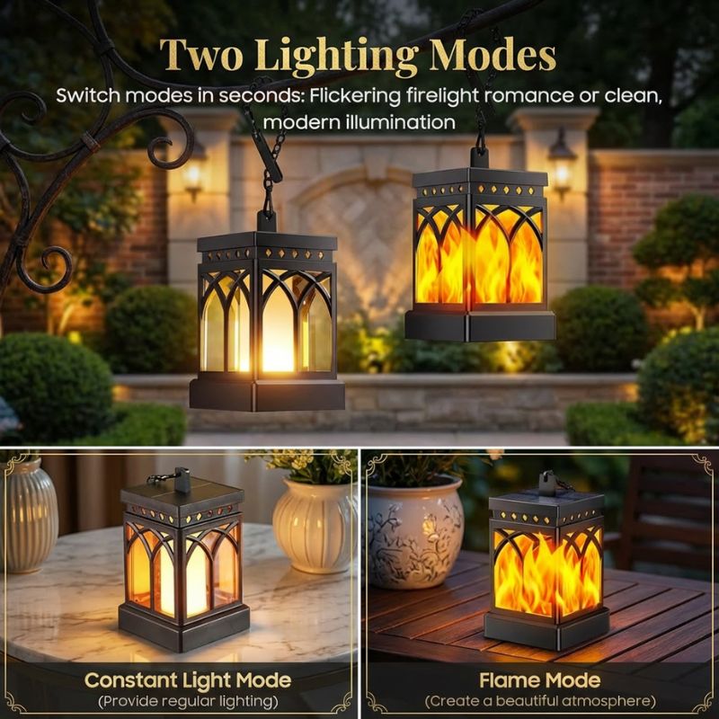 Solar lantern with flickering flame effect for outdoor ambience