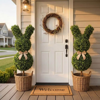 Set of two 36-inch artificial Easter bunny topiaries with green foliage and champagne bows on a porch