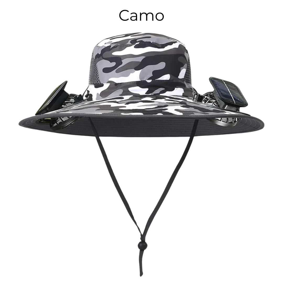 Solar powered fan hat with dual fans and wide brim for outdoor workers
