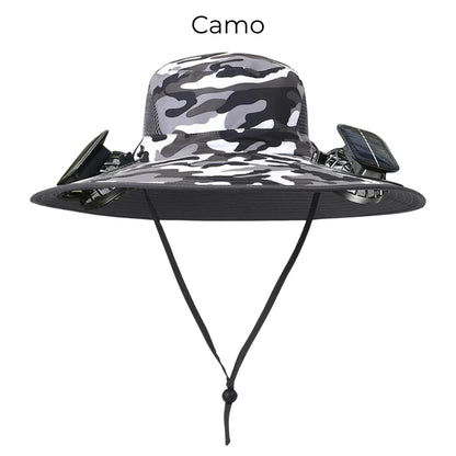 Solar powered fan hat with dual fans and wide brim for outdoor workers