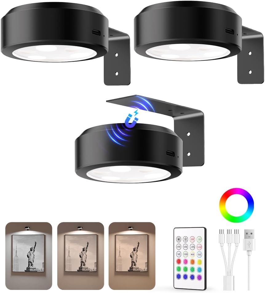 Wireless rechargeable picture light illuminating a framed photo on a wall