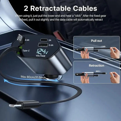 120W fast car charger with retractable cables for commuters