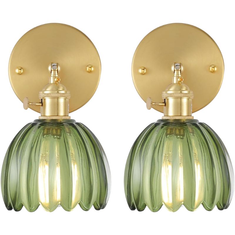 Vintage brass wall sconce set of two with glass shades for farmhouse decor