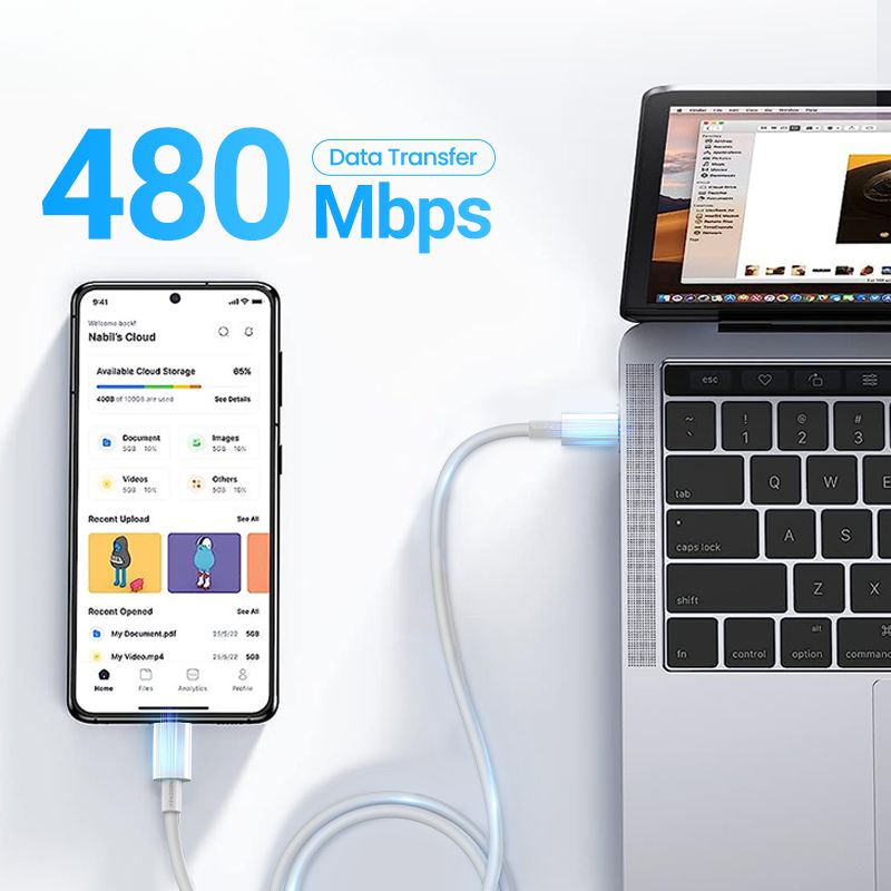 USB-C to USB-C fast charging cable with 60W PD for laptops and phones