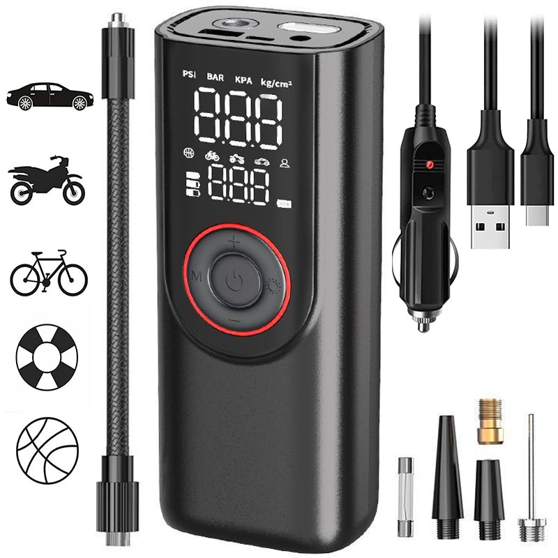 Portable tire inflator with digital display and LED light for emergency roadside use