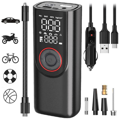 Portable tire inflator with digital display and LED light for emergency roadside use