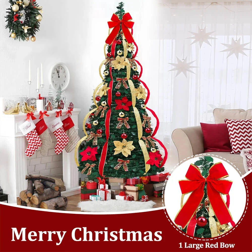 Fully decorated pop-up red Christmas tree with lights and ornaments for busy families