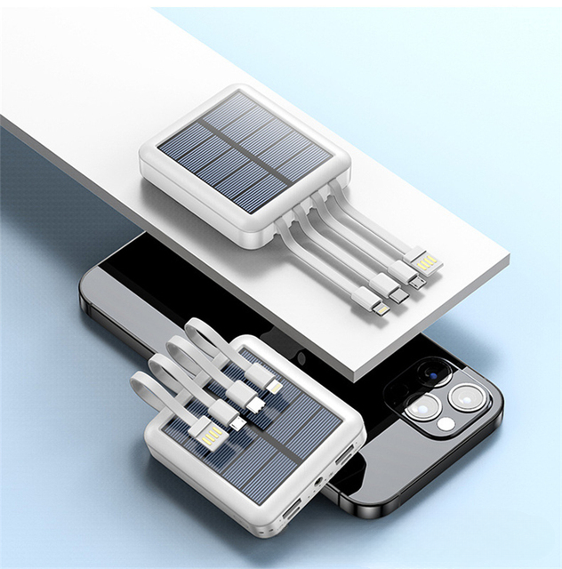 Compact solar power bank with LED flashlight and multiple cables for emergency preparedness