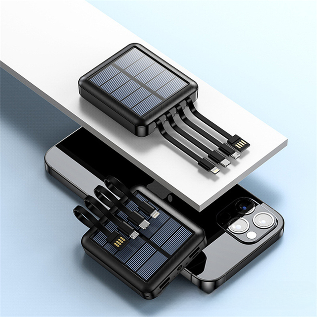 Compact solar power bank with LED flashlight and multiple cables for emergency preparedness