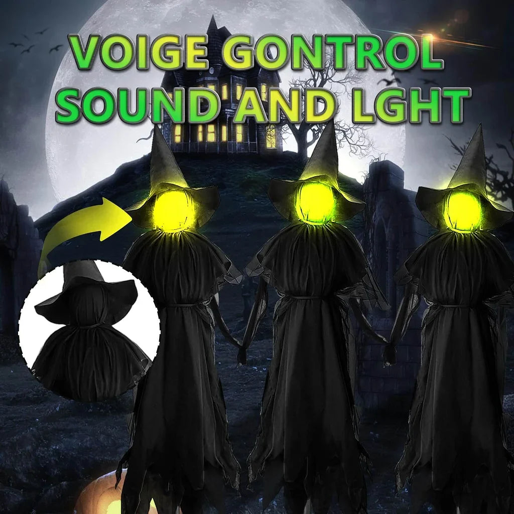 Life-size sound-activated screaming Halloween witches with glowing LED faces for yard display