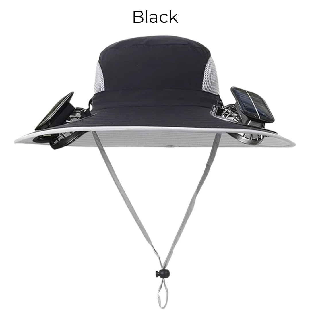 Solar powered fan hat with dual fans and wide brim for outdoor workers
