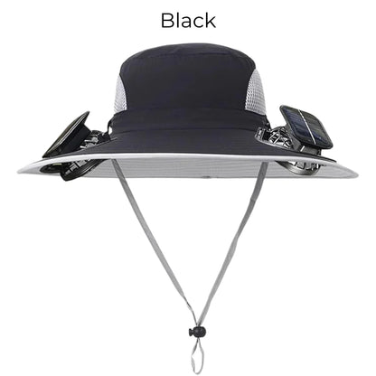 Solar powered fan hat with dual fans and wide brim for outdoor workers