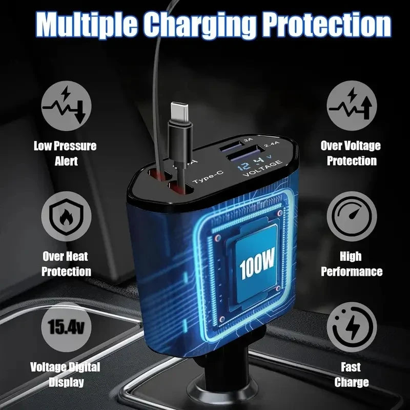 120W fast car charger with retractable cables for commuters