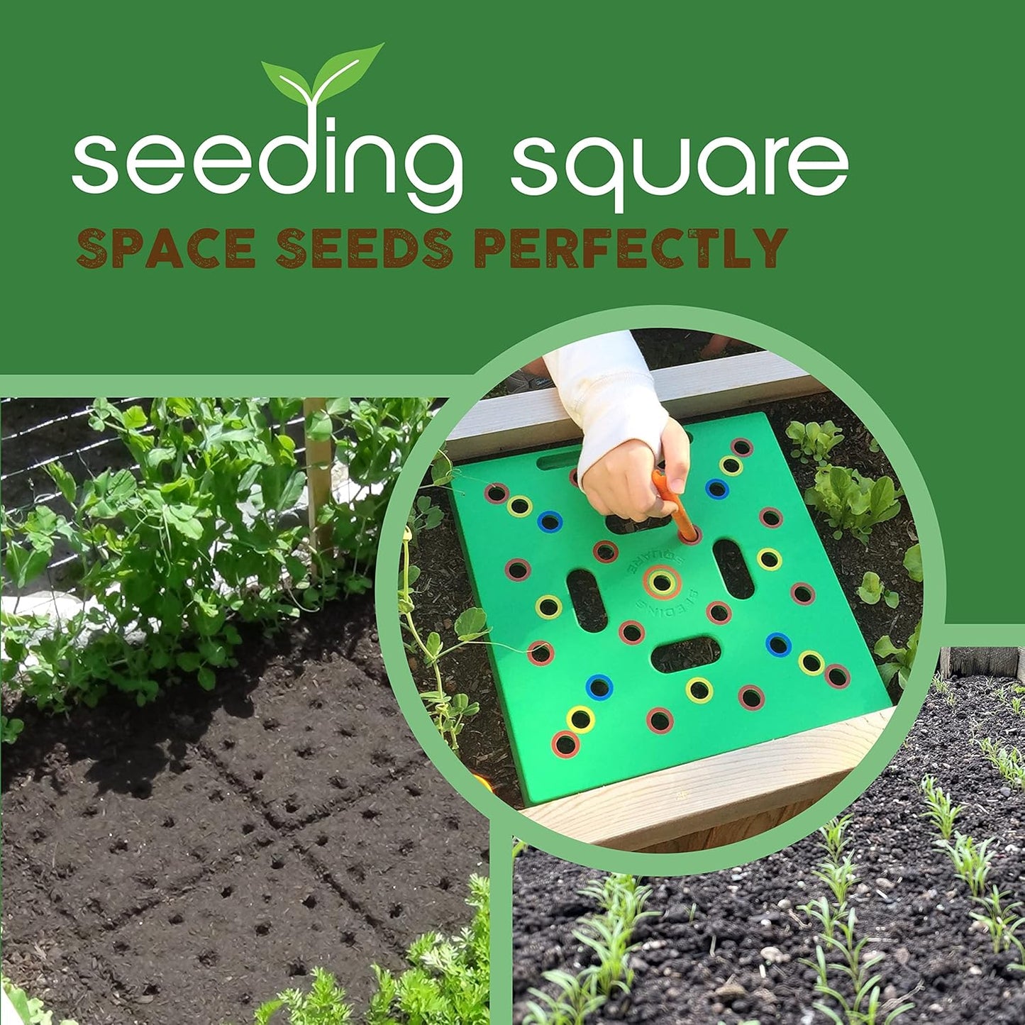 Square foot garden seed spacing template on a raised bed for beginners