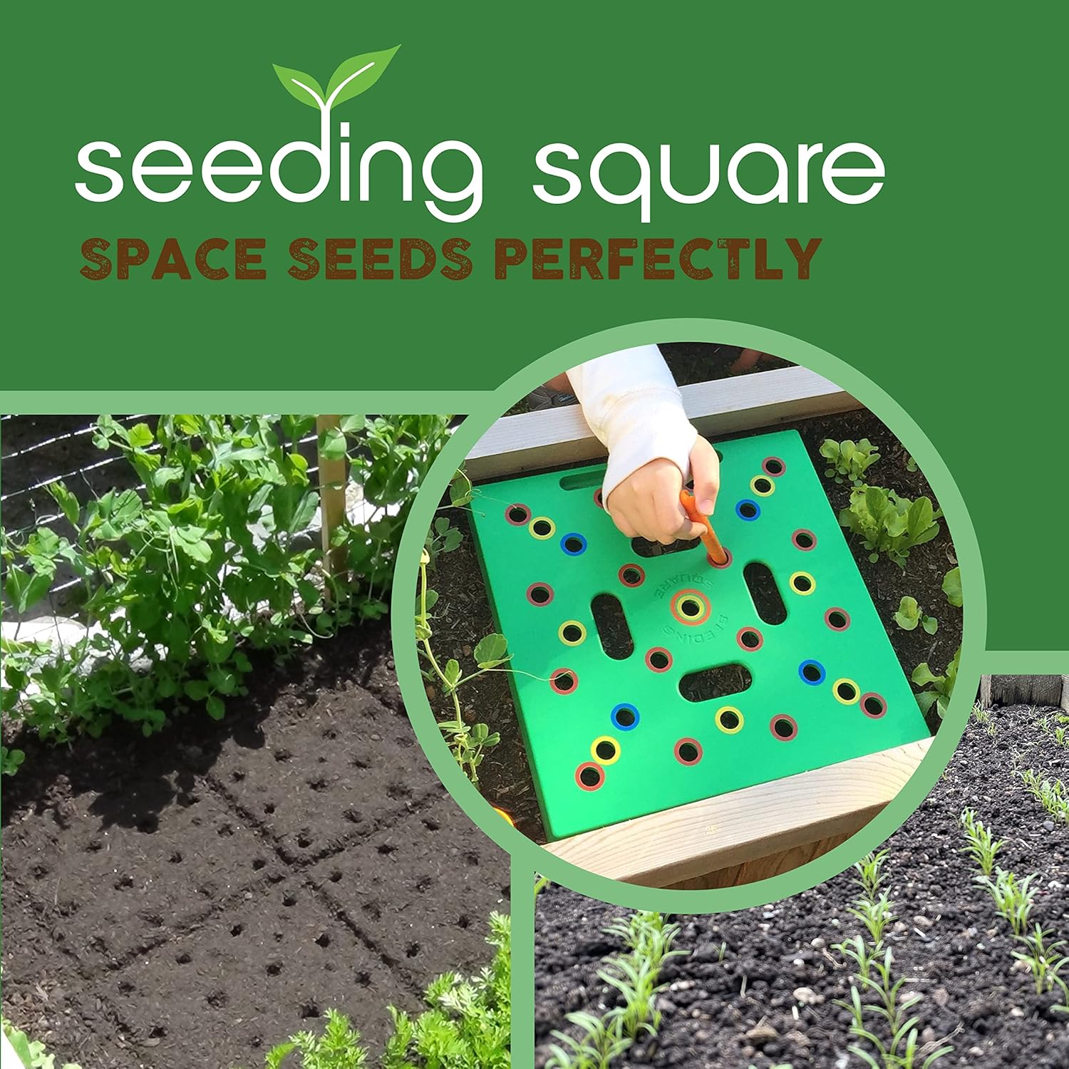 Square foot garden seed spacing template on a raised bed for beginners