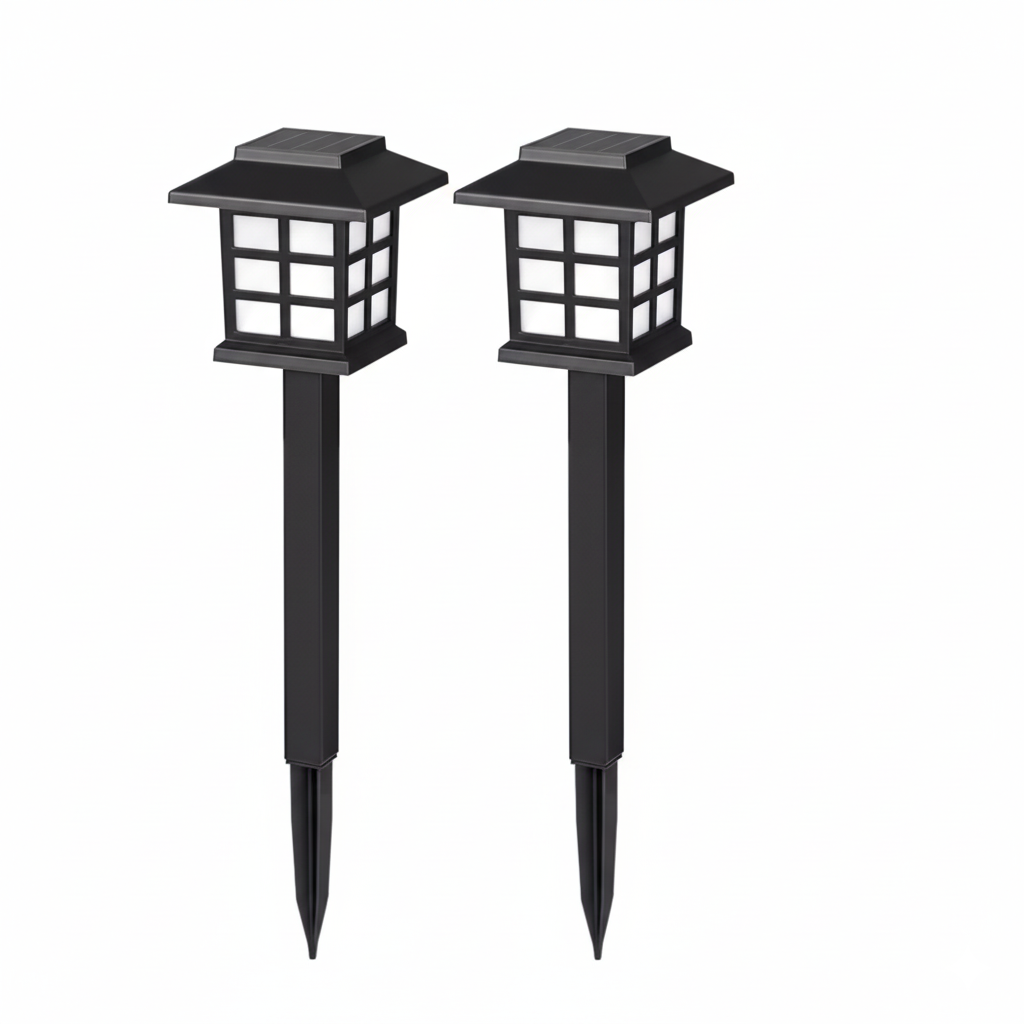 Solar pathway light on a garden walkway at dusk, no wiring needed