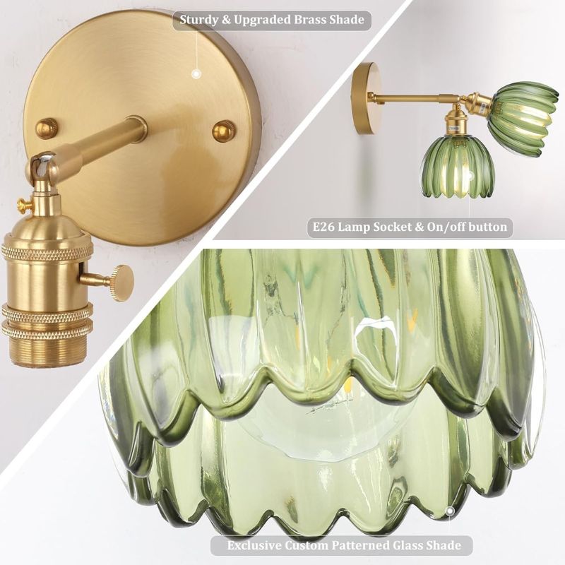 Vintage brass wall sconce set of two with glass shades for farmhouse decor