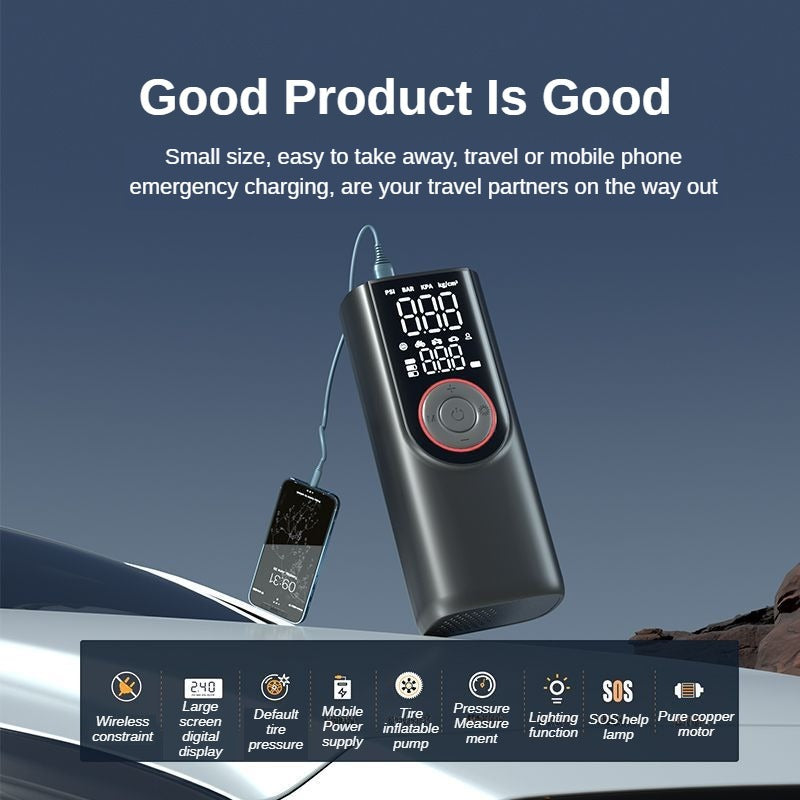 Portable tire inflator with digital display and LED light for emergency roadside use
