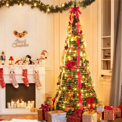 Fully decorated pop-up red Christmas tree with lights and ornaments for busy families