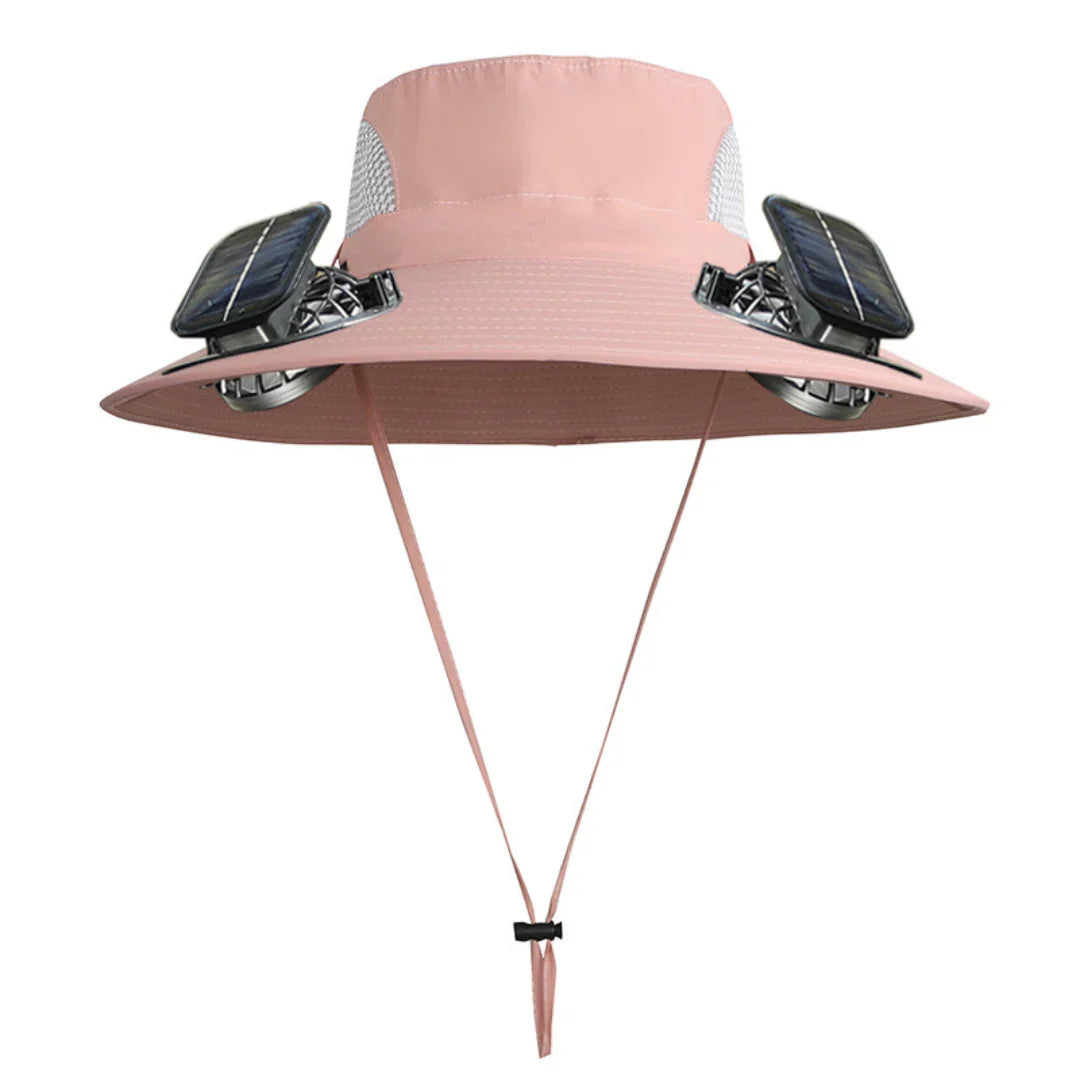 Solar powered fan hat with dual fans and wide brim for outdoor workers