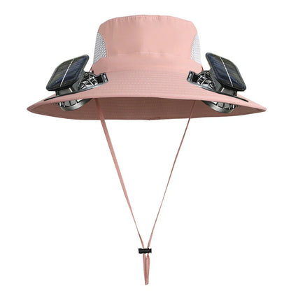 Solar powered fan hat with dual fans and wide brim for outdoor workers