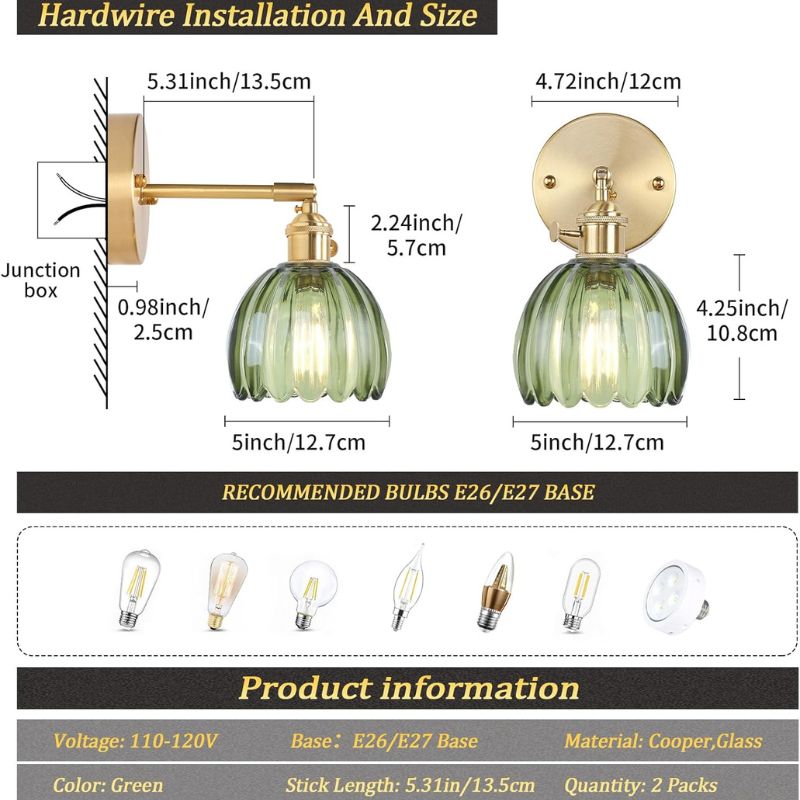 Vintage brass wall sconce set of two with glass shades for farmhouse decor