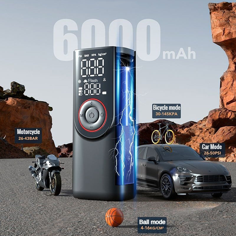 Portable tire inflator with digital display and LED light for emergency roadside use