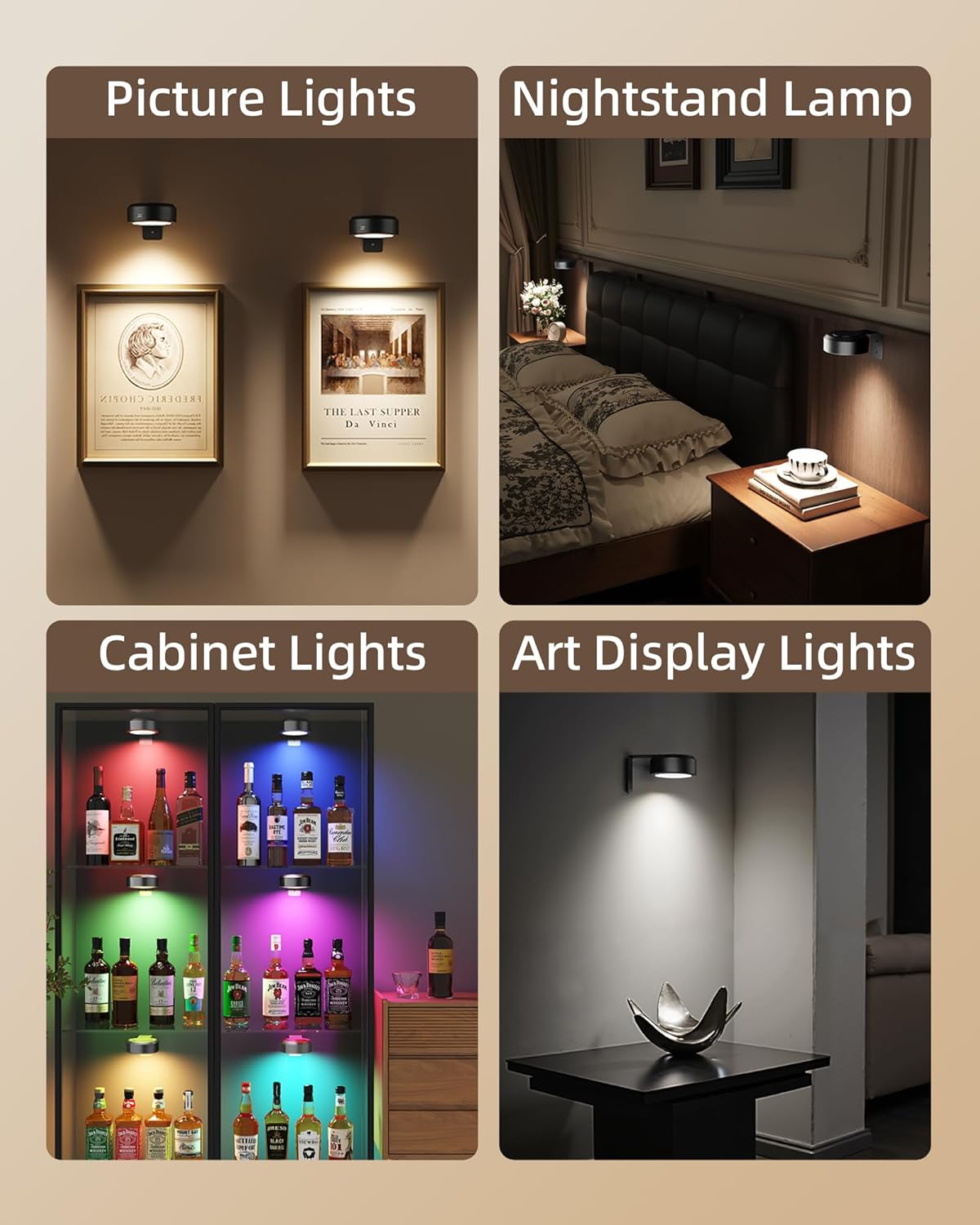 Wireless rechargeable picture light illuminating a framed photo on a wall