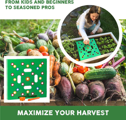 Square foot garden seed spacing template on a raised bed for beginners