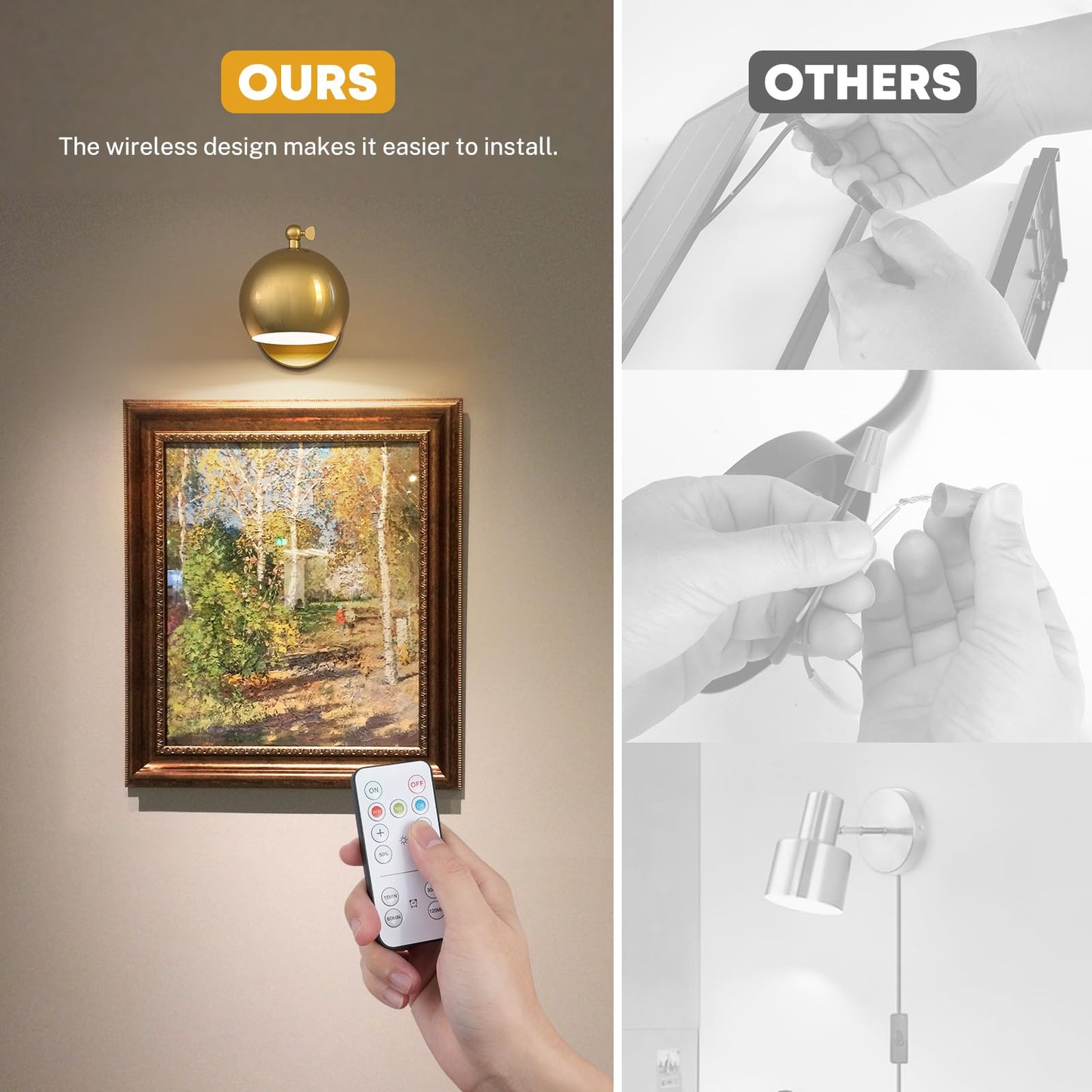Gold farmhouse wireless wall sconces for renters, no wiring needed