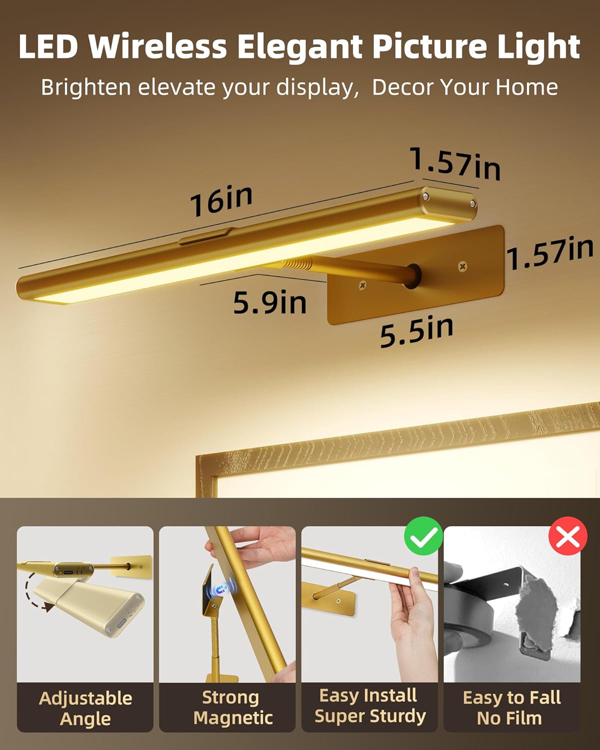 Wireless rechargeable picture light with magnetic mount for renters
